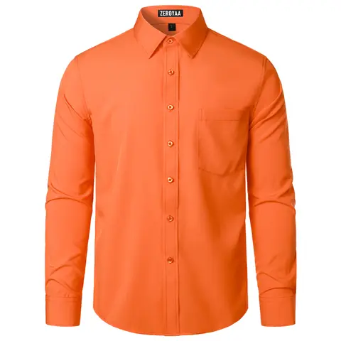 ZEROYAA Men's Regular Fit Solid Long-Sleeve Button-Down Shirt - Orange, Beige, Wrinkle-Free Soft Stretch Polyester Fabric, Patch Pocket, Work-to-Party Casual-Business Top, 4th of July, All-Season Menswear