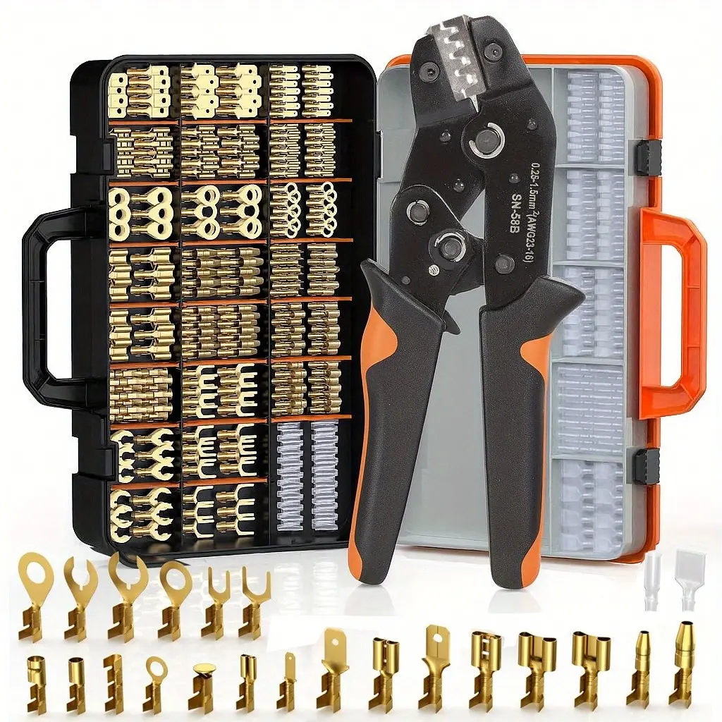 600pcs Ratchet SN-58B Crimping Tool Set, Suitable for AWG 23-16/0.25-1.5mm² Terminals, 300 Insulated Sleeves + 300 Wire Ferrules Included with 2.8/4.8/6.3mm Male and Female Connector Combo Kit, Wire Connectors, Multisize Terminals, Precision Crimpin
