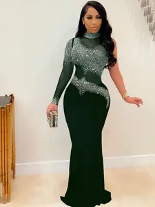 Sexy Rhinestone Mesh Bodycon Dress, Transparent Nightclub Skirt, Single Sleeve Evening Gown, Party Wear, Elegant and Stylish