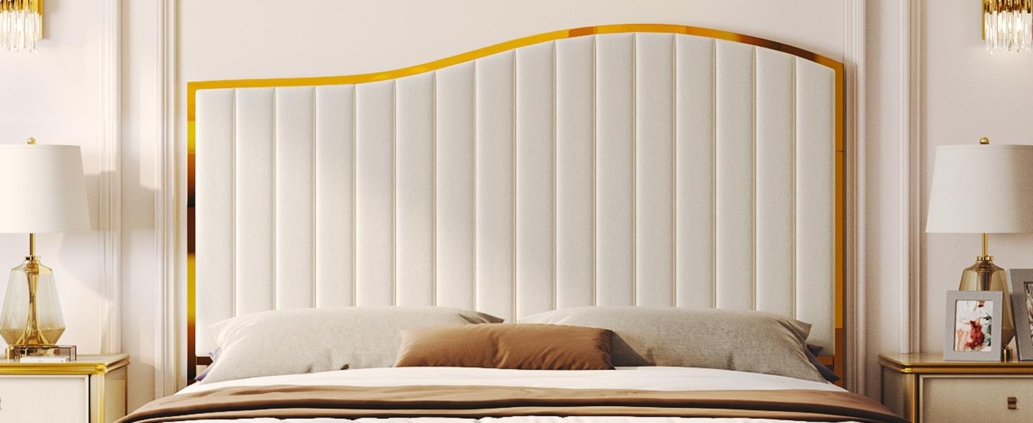 AMERLIFE 61.4 Tall Harp Bed Frame, Modern Velvet Upholstered Bed with Vertical Channel Gold Trim Headboard and Footboard/Comfortable&Sturdy/ Luxury Furniture Design/Queen/King Size/Best Gift Ideas/Christmas Gifts