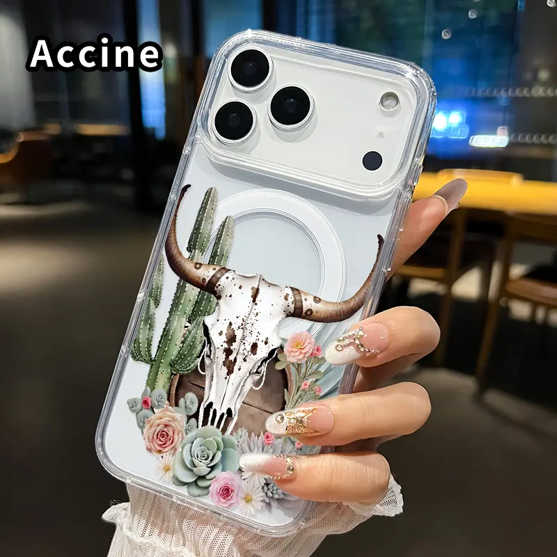 Magnetic Phone Case for iphone Supports Wireless Charging for iPhone 17 Pro Max 16 Plus 15 14 13 12 11 Air XR E Desert Floral Skull Pattern Anti-Yellowing Shockproof durable ultra-thin Crystal Transparent Acrylic Large Hole Cover
