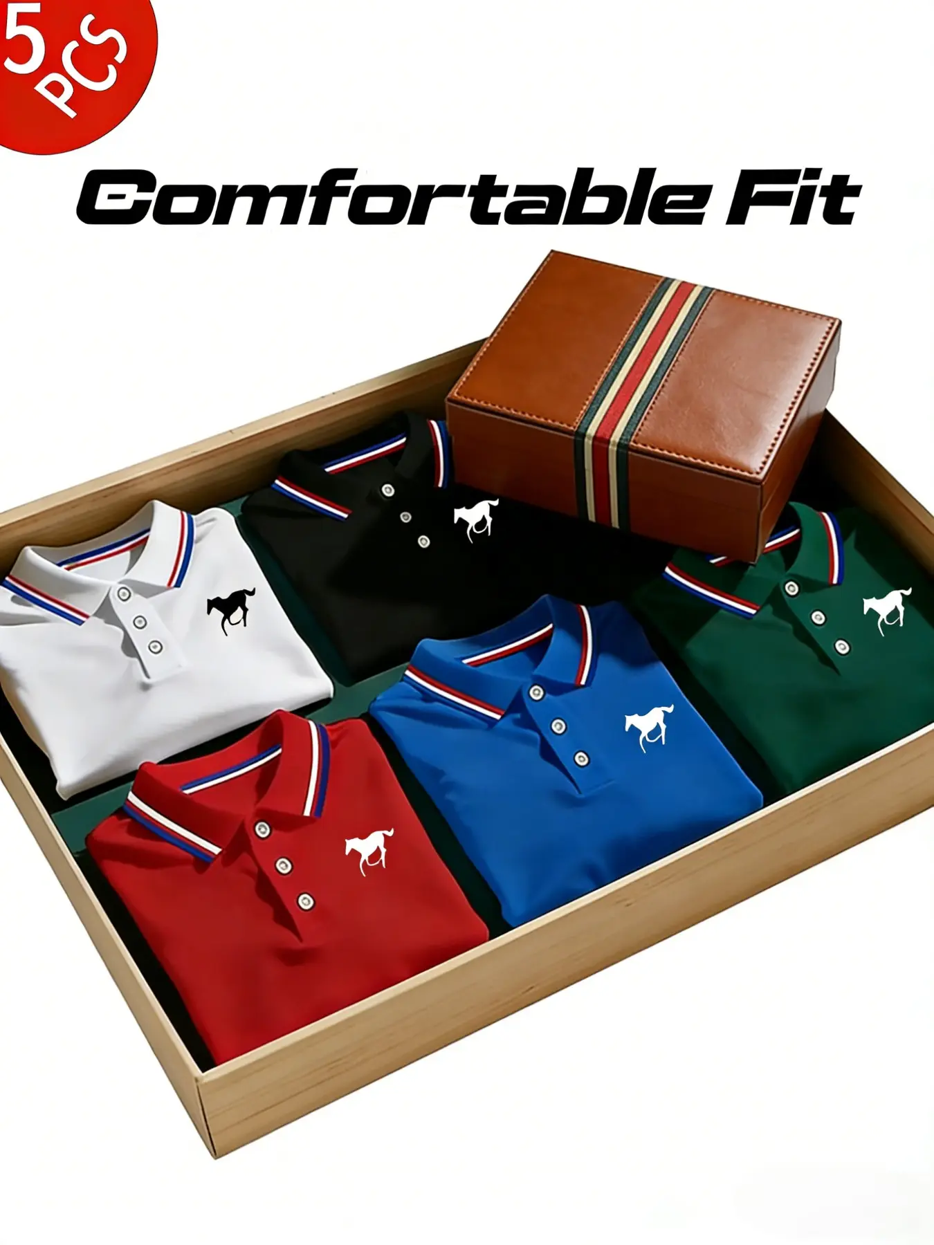 Men's Breathable Polo Shirt Set, Casual Fashion Short Sleeve Horse Print Striped Trim Collar Golf Shirts