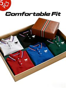 Men's Polo Shirt Set, Casual Fashion Homewear, Solid Color Short Sleeve Horse Print, Contrast Collar, Breathable Daily/golf Shirts