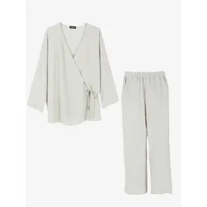 Two-piece Set Women's Solid Wrap V Neck Top & Elastic Waist Pants Set, Casual Personalized Fit Long Sleeve Tie Front Flattering Neckline Top & Trousers Set for Spring & Fall, Matching Set Outfit, Going Out Sets