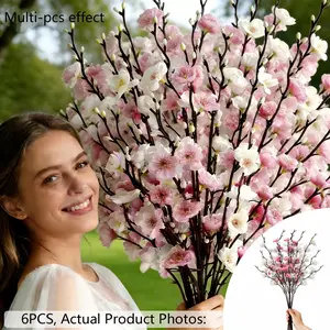 6PCS Beautiful Artificial Plum Blossom Stems - Realistic Pink And White Wax Plum Flower Bouquet, Vibrant Small Flowers, High-Quality Elegant Blooms, Durable Plastic That Doesn'T Easily Shed, Artificial Flower Plant