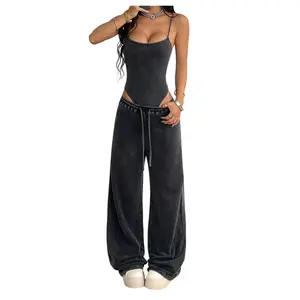 Women's Y2k 2 Piece Set Sleeveless Bodysuit Drawstring Baggy Pants Country Concert Outfit Streetwear