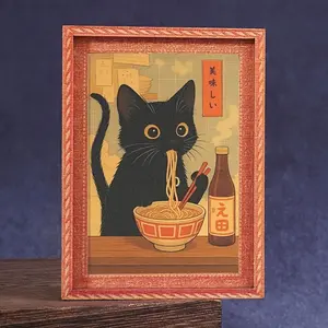 ACRYLIC 1 Mini Photo Frame-shaped Refrigerator Magnet, a Delicate Home Decoration Gift Featuring a Black Cat Eating Ramen, a Wonderful Holiday Present