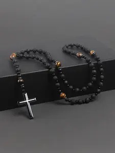 Men's Tiger Eye Stone Beaded Necklace & Pendant Necklace, Coptic Cross Necklace, Fashionable Jewelry for Party, Daily Clothing Decor, Trendy All-match & Exquisite Jewelry for Birthday Gift