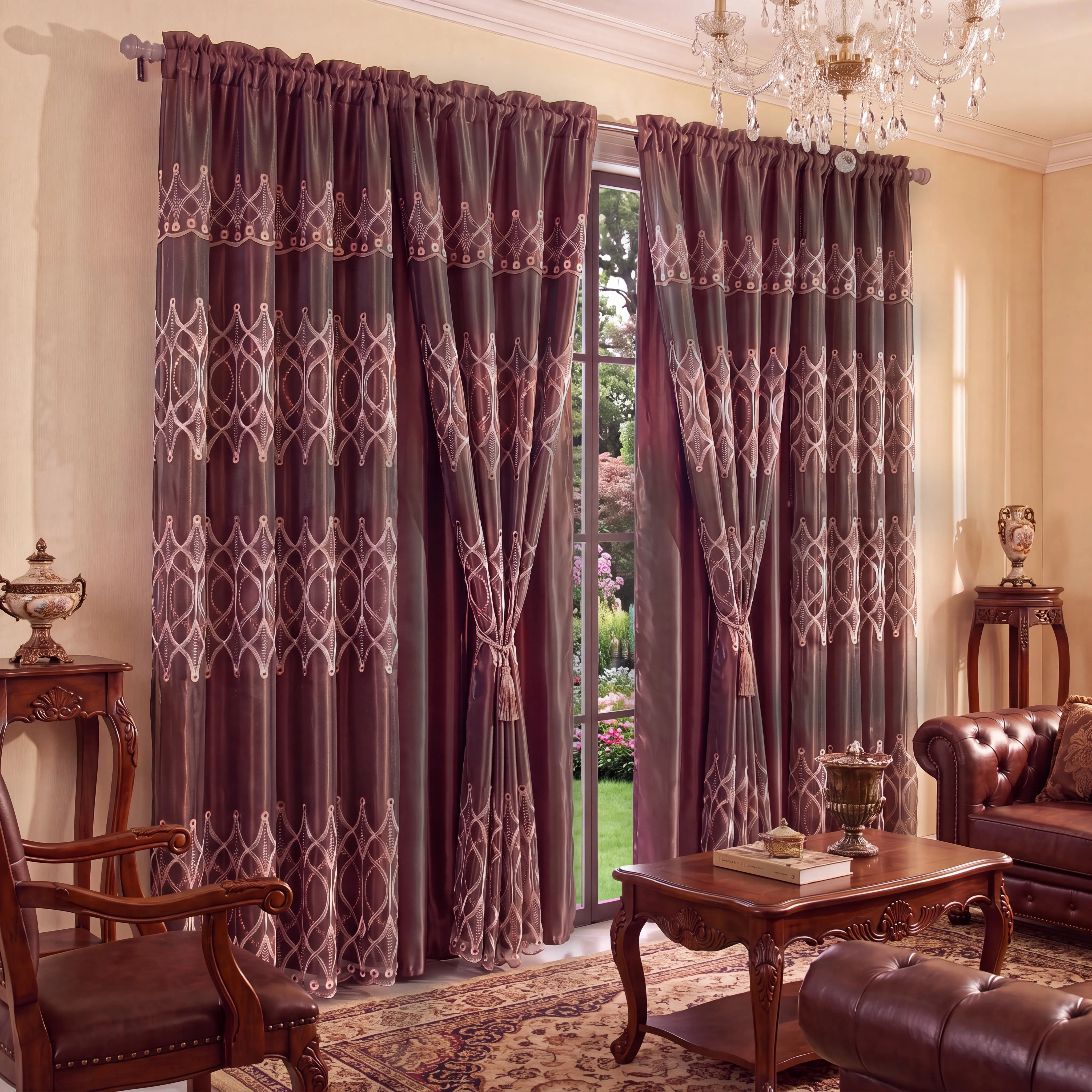 4 Panels Rod Pocket Embroidered Curtains with Attached 52"x18" Floral Valance,52"x84" Double Layer Drapes,Floral Embroidered Sheer with Satin Lining,Elegant Vintage European Floral Window Curtains for Bedroom Living Room QF18