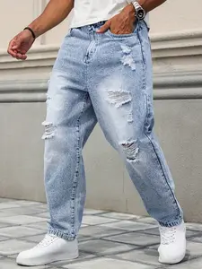 Men's Distressed Ripped Jeans Loose Fit Streetwear, Machine Washable Blue Pants for Casual Wear Menswear Plain Trousers
