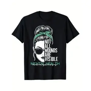 GEM Graphic vintage tee Women's Mental Health Awareness T-Shirt - Not All Wounds Are Visible Graphic Tee with Messy Bun & Fashion Glasses Design, casual streetwear, modern graphic, vintage style, skin-friendly softness, for Men