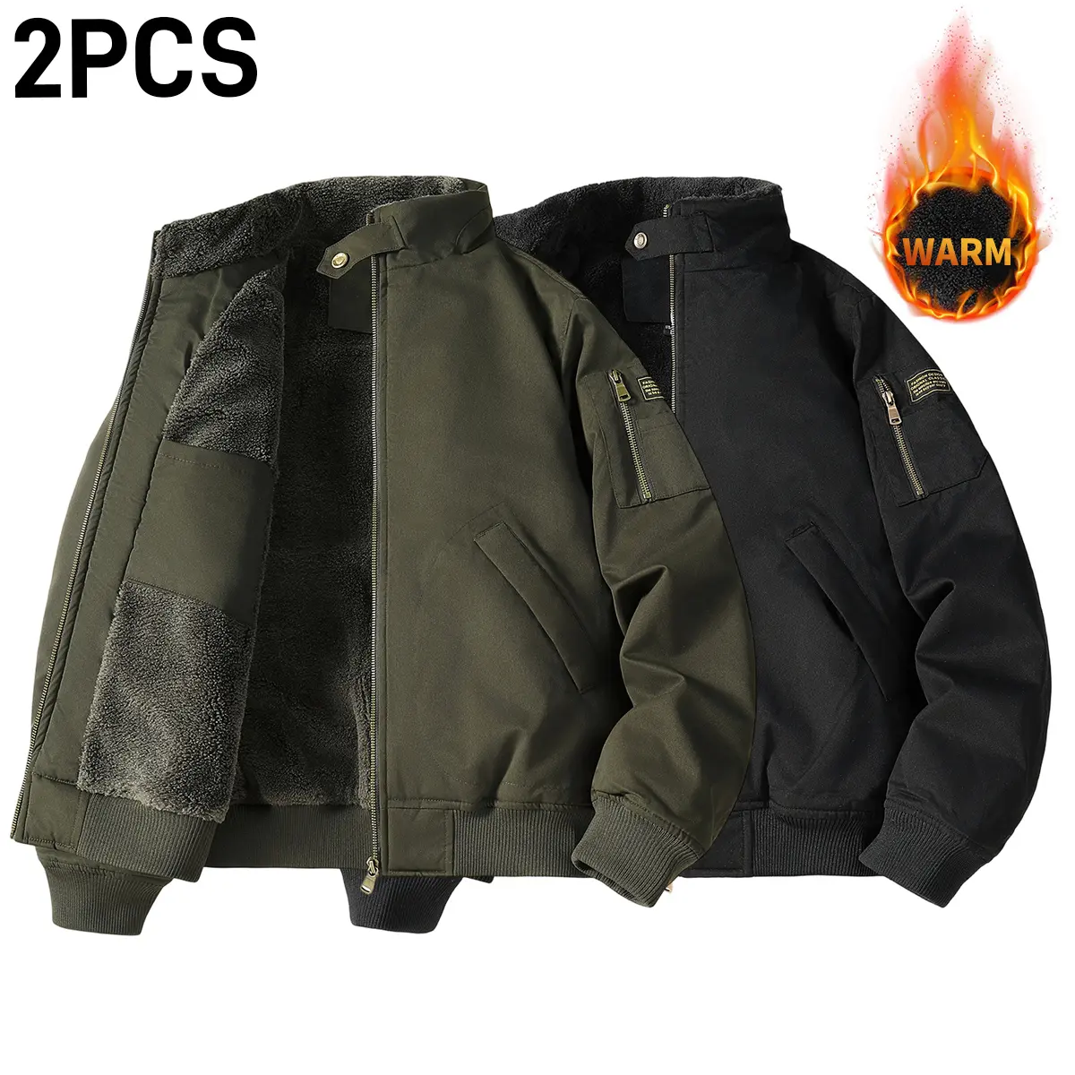 2PCS Men’s Fleece Casual Jacket — Solid Color Flight Style Fleece Jacket, warm and lightweight, fashionable men’s outerwear, fleece thickened for autumn/winter, long sleeves for comfort, men’s gift jacket, street style, everyday wear, travel hiking, unise