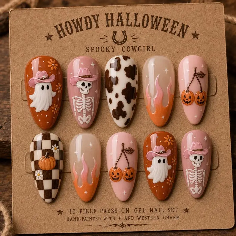 Western Halloween Press On Nails, Spooky Cowgirl Ghost Skeleton Nail Set, Cow Print Pumpkin Reusable Fake Nails