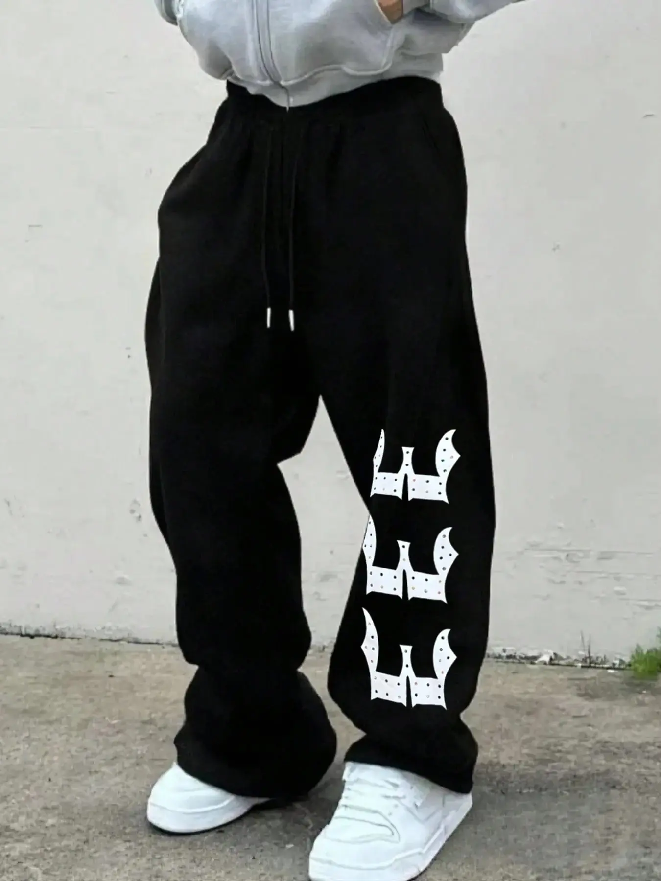 Oversized Wide Leg Sweatpants with Drawstring - Heavyweight Loose Fit Joggers featuring Gothic Crown Rhinestone Design - Trendy Streetwear Trousers for Skater Style & Urban Fashion