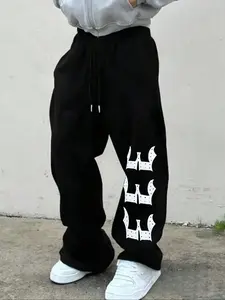 Oversized Wide Leg Sweatpants with Drawstring - Heavyweight Loose Fit Joggers featuring Gothic Crown Rhinestone Design - Trendy Streetwear Trousers for Skater Style & Urban Fashion