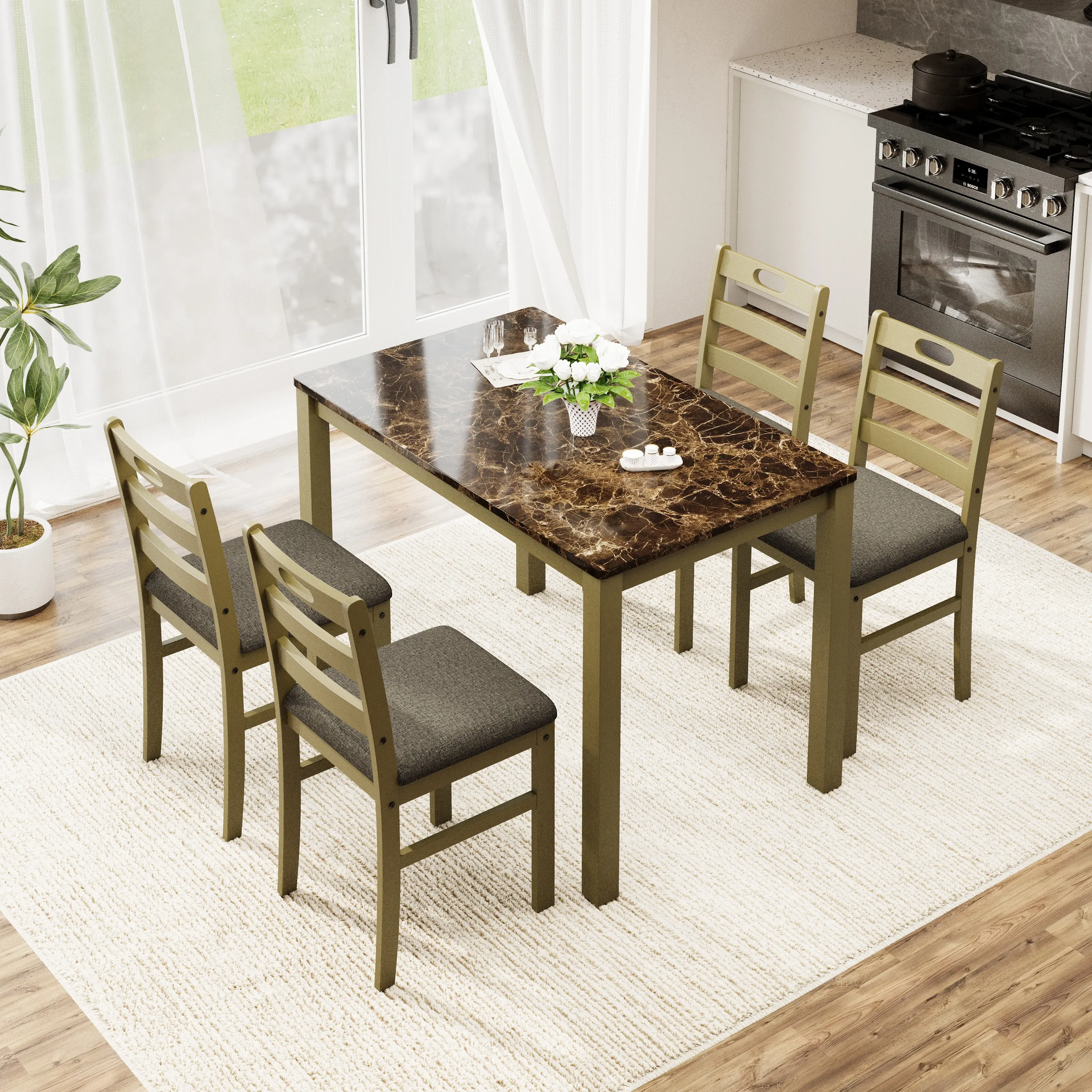Brown Table + 4 Brown Chairs with Cushions