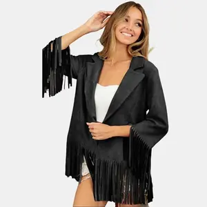 BiBi Suede Single Blazer with Fringed Hem - Elegant Black Cotton Blend Long Sleeves Fitted Suit Piece for All Seasons