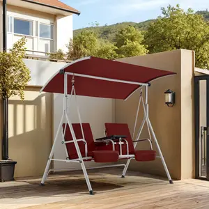 2-Seat Wine Red Porch Swing with Adjustable Canopy & Stand, Outdoor Swing with Pivot Storage Table & 2 Cup Holders, Heavy-Duty Frame for Balcony Use