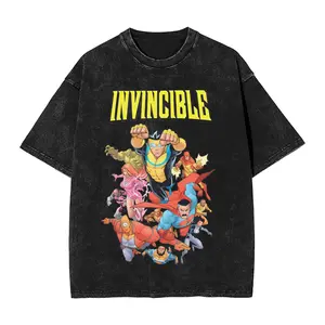 Anime Crazy Invincible Graphic Print T-Shirt Men Crew O-neck Cotton Vintage Washed Harajuku Y2K Fashion Summer Tee Oversized Top Crewneck