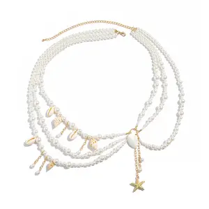OIDEA Women's Ocean Theme Adjustable Length Layered Crossover Body Chain - Natural Shells, Starfish, Faux Pearls, Lightweight Beach Waist Chain Summer Costume Jewelry summerwins,summerwins