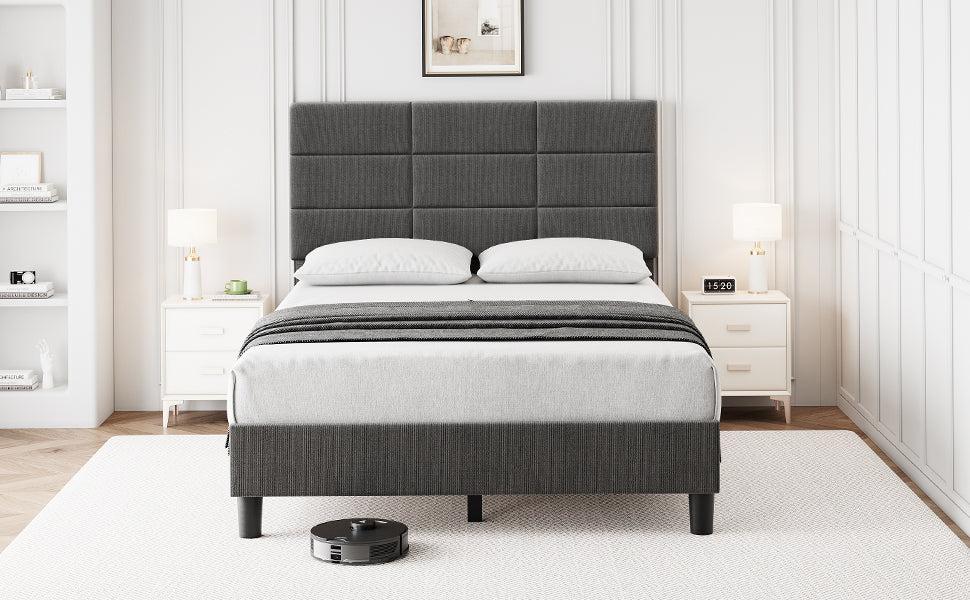 GARVEE Twin Bed Frame with Headboard, Linen Upholstered Twin Bed Frames with Solid Wooden Slats Support, No Box Spring Needed, Noise-Free, Grey