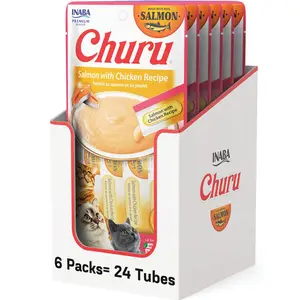 INABA Salmon Churu Cat Treats, Lickable, Squeezable Creamy Purée Cat Treat with Green Tea Extract & Taurine, 0.5 Ounces Each Tube, 24 Tubes (4 per Pack), Salmon with Chicken Recipe
