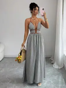 Women's Blue Striped Backless Halter Long Dress, Vacation Style Deep V Neck Sexy Halter Dress, High Waist, Contrast Color Trim