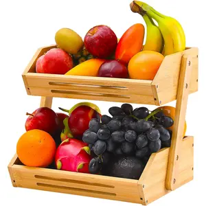 Bamboo Fruit Basket 2 Tier Kitchen Storage Holder 11" Tall Heavy Duty Large Capacity for Vegetables Fruit & Snacks 15 mm Thickness Self Assembly Stable Design