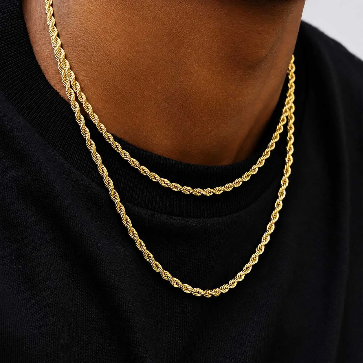 Unisex 2-Piece 3mm Stainless Steel Alloy Rope Chain Set (18in + 20in) - Silver & Gold Tone Twisted Layering Chains, Casual Style, Costume Jewelry, Unisex Fit, Everyday Wear, Suitable Pendants, Fashion Gift