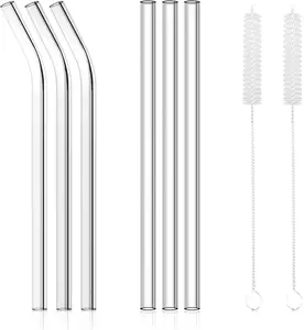 6 Pack Reusable Glass Straws, Clear Glass Drinking Straw, 8.5''x10MM, 3 Straight and 3 Bent Glass Straw with 2 Cleaning Brushes for Smoothies, Milkshakes, Tea, Juice, Hot & Frozen Drinks