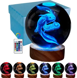 Axolotl  Ball Night Light, 3.15 Inch 3D Axolotl  Lamp with LED Wooden Base, 16 Colors Change with Remote Control,  Box Packing, Gifts Ideas for Friends (Axolotl E)