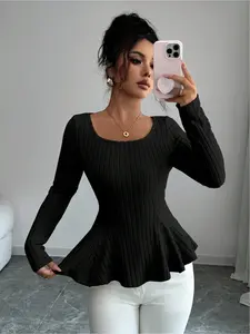 Women's Solid Color Round Neck Long Sleeve Backless Twist Knit Casual T-Shirt, New Autumn Fashion Design