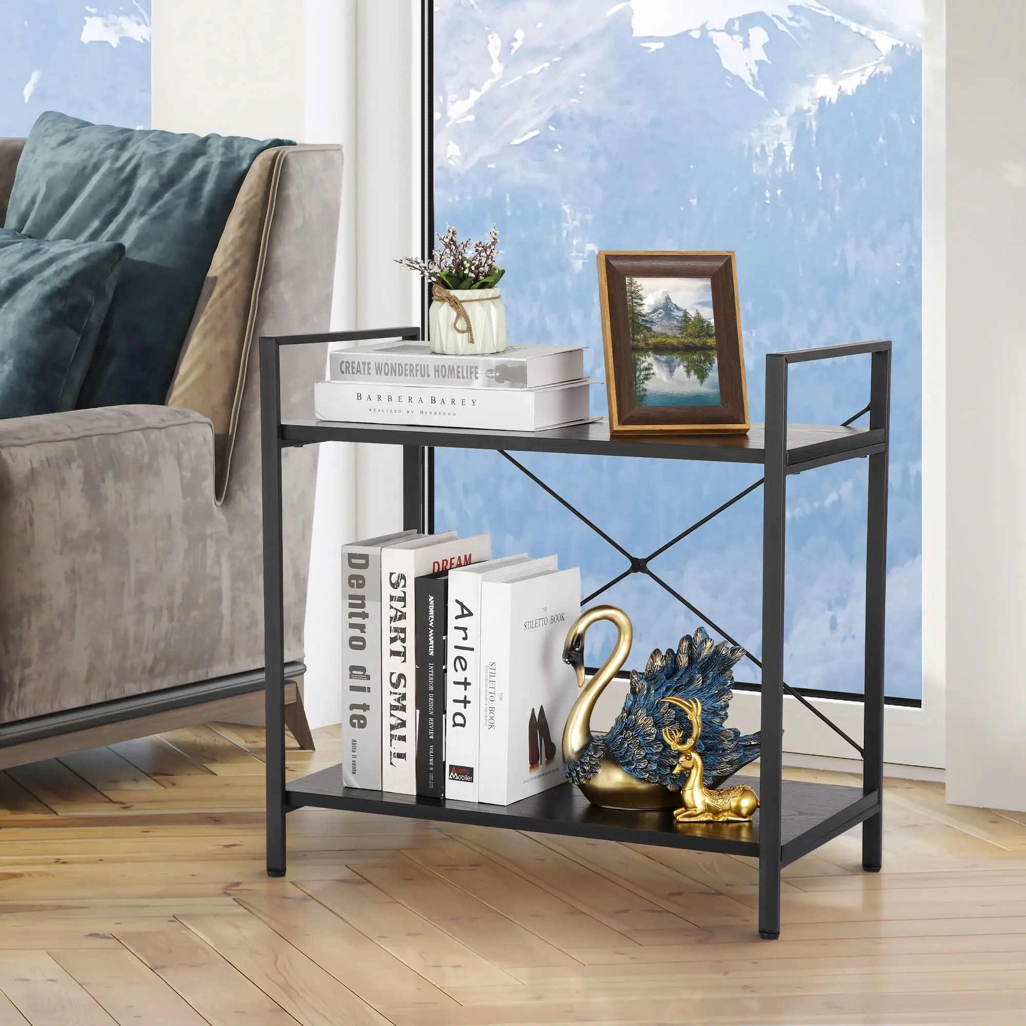 Segawe Minimal 2-Tier Metal Frame Bookshelf - Aesthetic Modern Home Storage Furniture, Adjustable Compact Bookcase with 110lbs Capacity, Space-Saving Design for Interior Organization