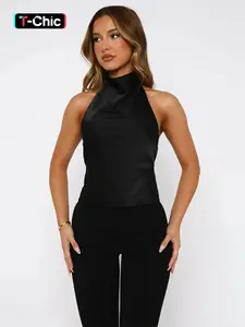 Women's Solid Backless Halter Neck Top, Chic Casual Fitted Elegant Sleeveless Cami Top for Summer, Ladies Clothes for Daily Wear, Womenswear
