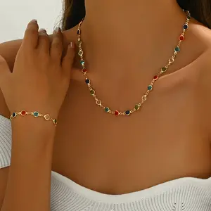 Charming Colorful Round Rhinestone Decorative Neckalce + Bracelet Jewelry Set Women Necklace Colorful Rhinestone Bracelet Handmade Chain Boho Women Chain Set Wedding Party Birthday Gift Set