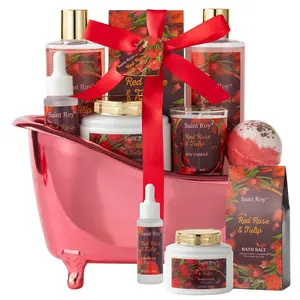 Spa Gift Basket Gifts for Women, Spa Kit Gifts for Her Mother'S Day Bath Spa Gift Set Red Rose & Tulip Spa Basket Kits for Women, Bath & Body Set, Self Care Pamper Kit, Self-Care Baskets Mother Gift Saint Roy