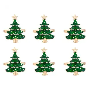 6pcs Green & Golden Christmas Tree Napkin Rings with Maroon Ornaments & Golden Caps - Elegant Table Decor Holders for Xmas Dinner Party, New Year Table Setting, & Tableware Holders (Reusable Party Supplies)