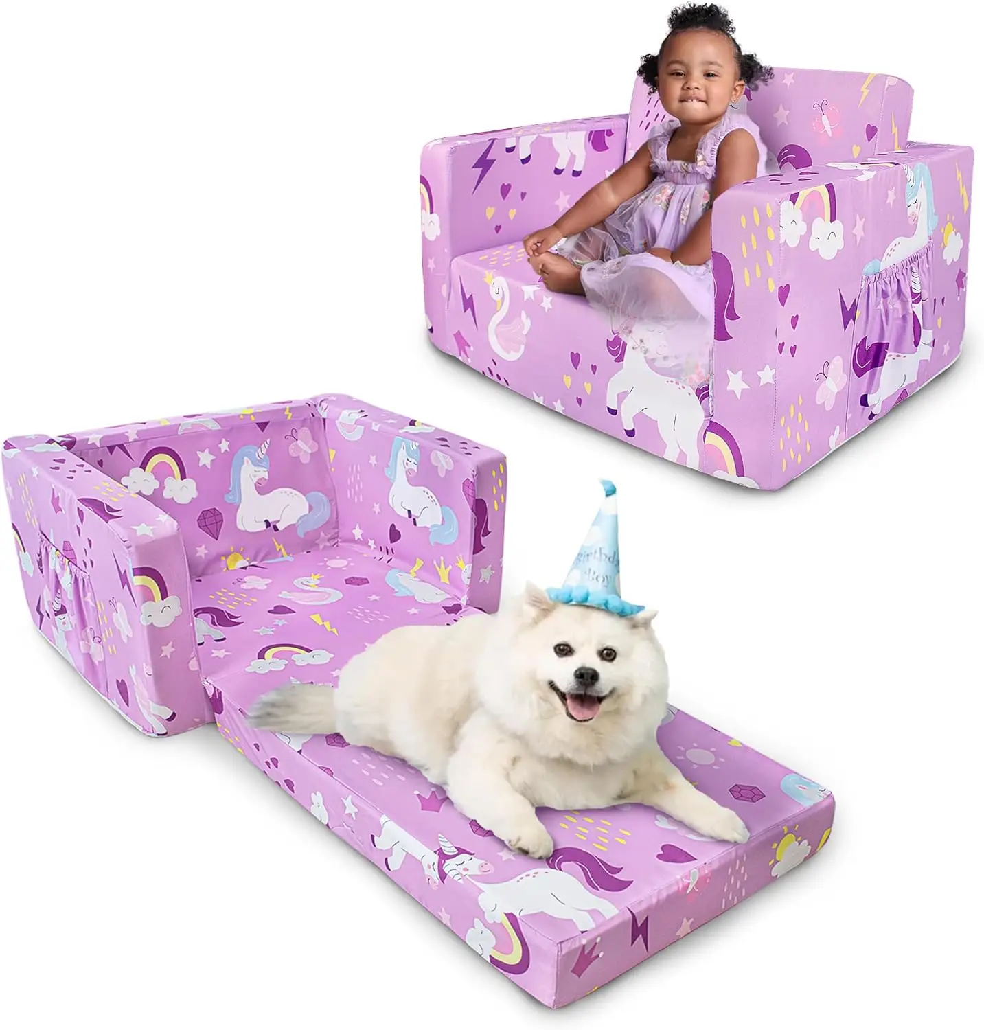 PRIMLECT Foldable Kids Sofa, Perfect Birthday & Holiday Gift for Boys and Girls,2-in-1 Soft & Cozy Couch Lounger with Fun Patterns, Easy to Assemble,