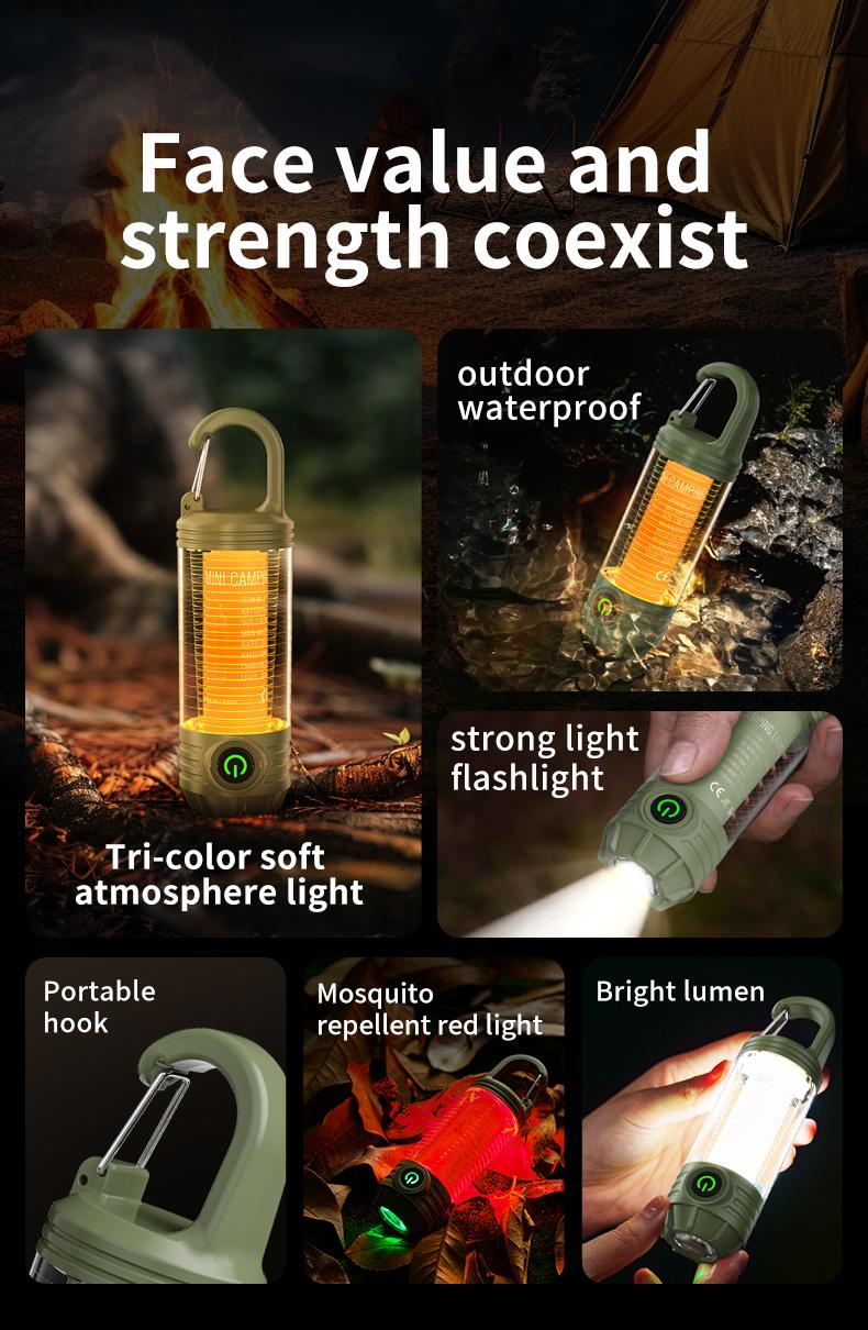 Portable LED Camping Light with Keychain & Hook, Multi-Color Mini Flashlight, Outdoor Atmosphere Lamp for Camping & Hiking