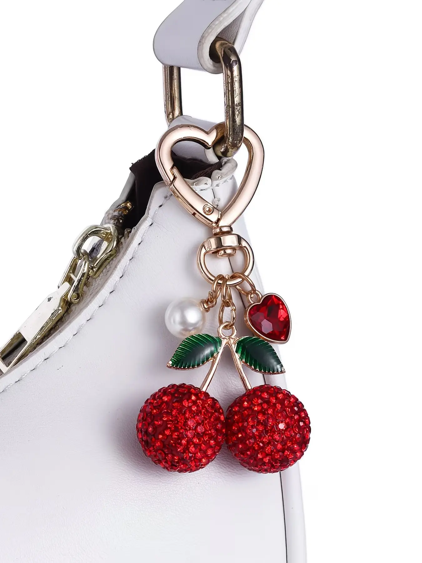 Cherry Red Heart Pendant, Charms, Heart Design Charm, Vintage Sweet-Cool Style, Encrusted Cherry With A Heart-Shaped Plaque, Accented With Leather Knots, Hung On Bags Or Keys, Suitable For Everyday Outfits, Ideal Gift For Loved Ones