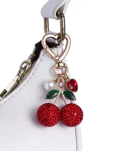Cherry Red Heart Pendant, Charms, Heart Design Charm, Vintage Sweet-Cool Style, Encrusted Cherry With A Heart-Shaped Plaque, Accented With Leather Knots, Hung On Bags Or Keys, Suitable For Everyday Outfits, Ideal Gift For Loved Ones