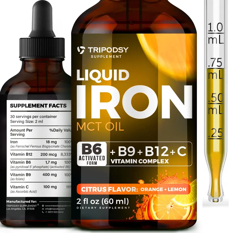 Liquid Iron supplements, Iron Drops, with B6, B9, B12, C, Vitamin Iron for Anemia, Blood Build, MCT Oil, Energy Support, Healthcare Fitness Dietary Oxygen Edible Optimum Liquid Iron Vitamins Women Iron Deficiency