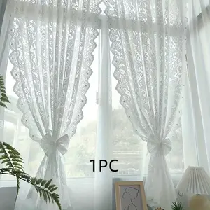 1pc Sweet Romantic Lace Curtain, Pearl Beaded Floral Sheer Drapes, rod pocket Living Room Bedroom Dining Decor, Small Window Door Cover, Window Decorations Supplies, Home Decoration Curtain