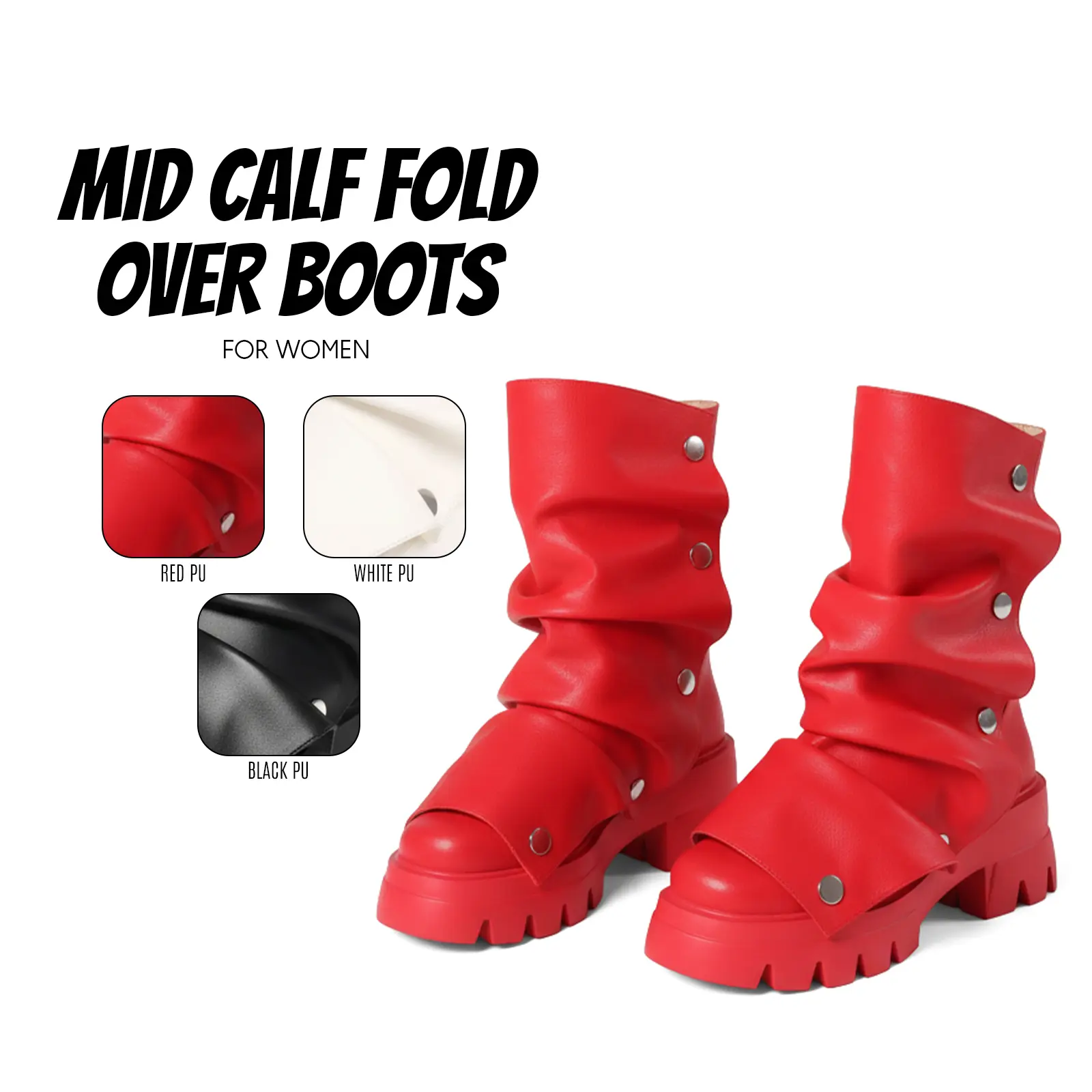 Mid Calf Fold Over Boots for Womens Round Toe Slouchy Chunky Platform Block Heels Detachable Snap-off Panel Easy Pull On Casual Date Dress Party Concert Outing Outdoor Fashion Summer Shoes Combat Booties   Footwear Leather