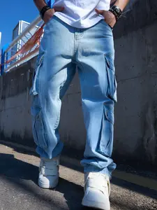 Trendy Men's Vintage Y2K Streetwear Hiphop Jeans, Distressed Embroidered Patch Raw Hem Stretch Waxed Bleached Rhinestone Dark Wash Thick Selvedge Denim Denim Pants with Cargo Pockets Wide Leg Baggy Straight Fit Casual Fashion Street Style Trousers