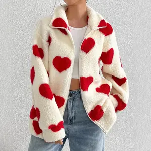 sweater Women's Autumn Winter New Plush Love Printed Loose Long-sleeved Zipper Cardigan Jacket