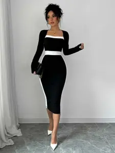 Elegant Square Neck Long Sleeve Contrast Color Slim Fit Long Dress Set for Women, Sexy Fashionable Evening Wear, Perfect for Parties and Special Occasions