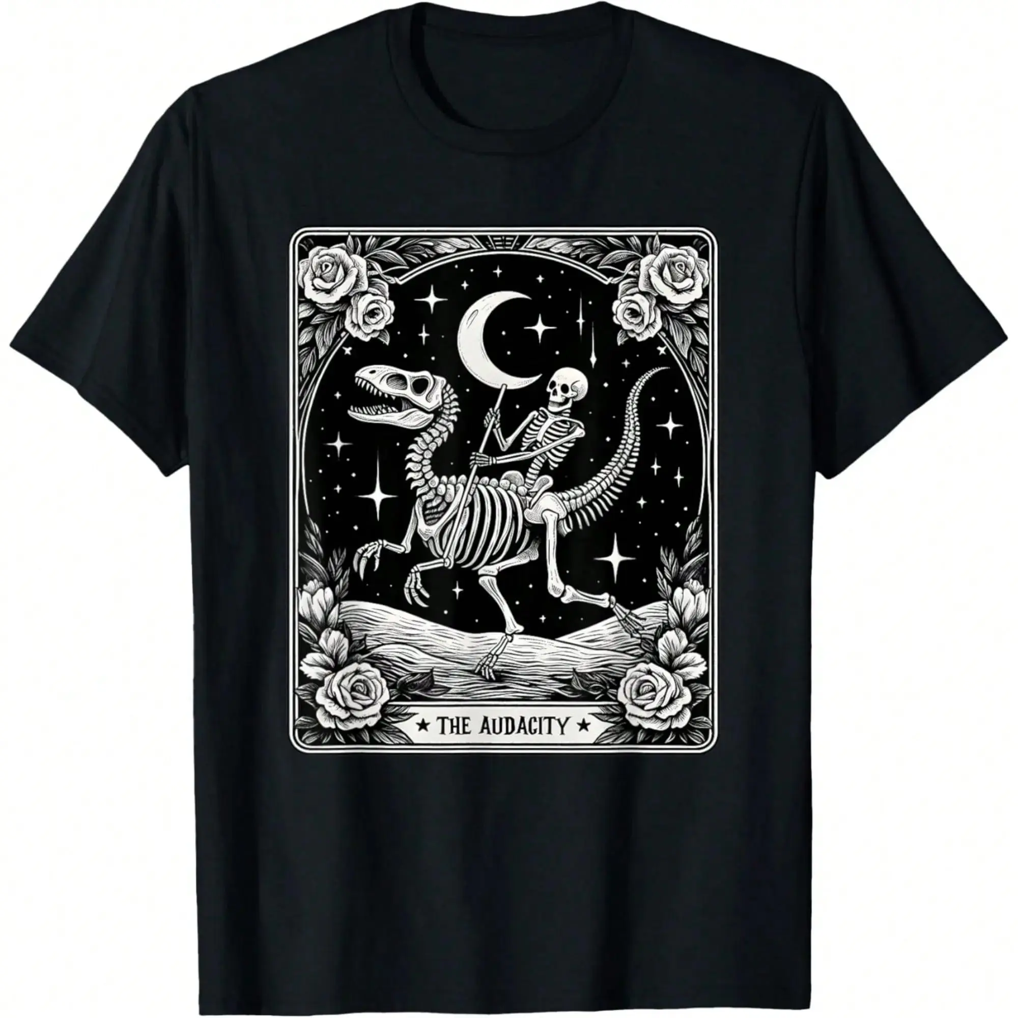 Men's Cotton Casual Short-Sleeve Tshirt - Menswear Simple The Audacity Skeleton Riding Dinosaur Tarot Card Halloween Fitness Top