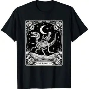 The Audacity Skeleton Riding Dinosaur Tarot Card Halloween T-Shirt