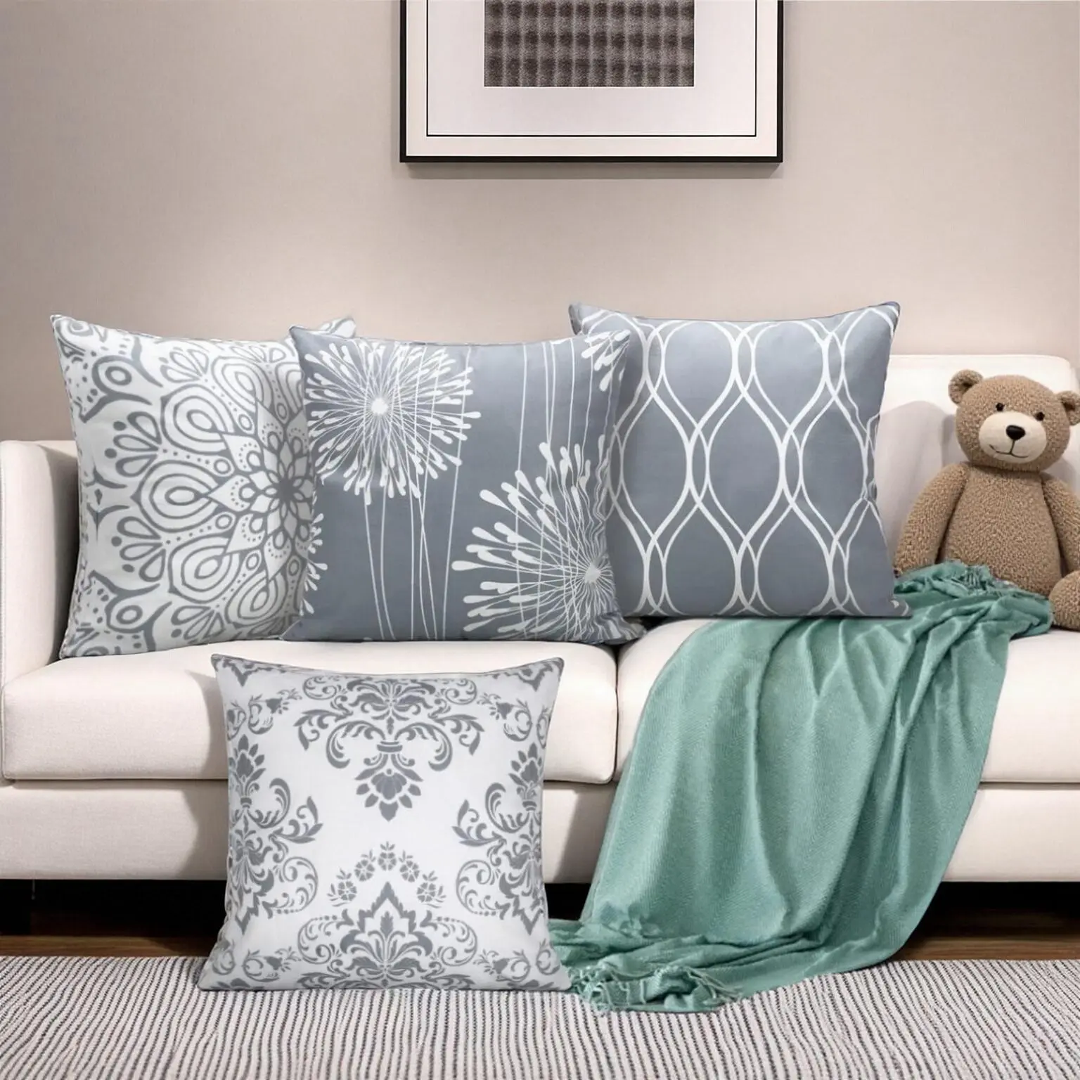 4-Pack 3-Style 18x18 in Floral Print Throw Pillow Covers - Grey Blue Brown Modern Elegant, Soft Grey Cushions, Home Decorative Cushion for Living Room, Porch (Without Pillow Inserts) Home Textile Outdoor Cushioned Furniture Soft Cushions